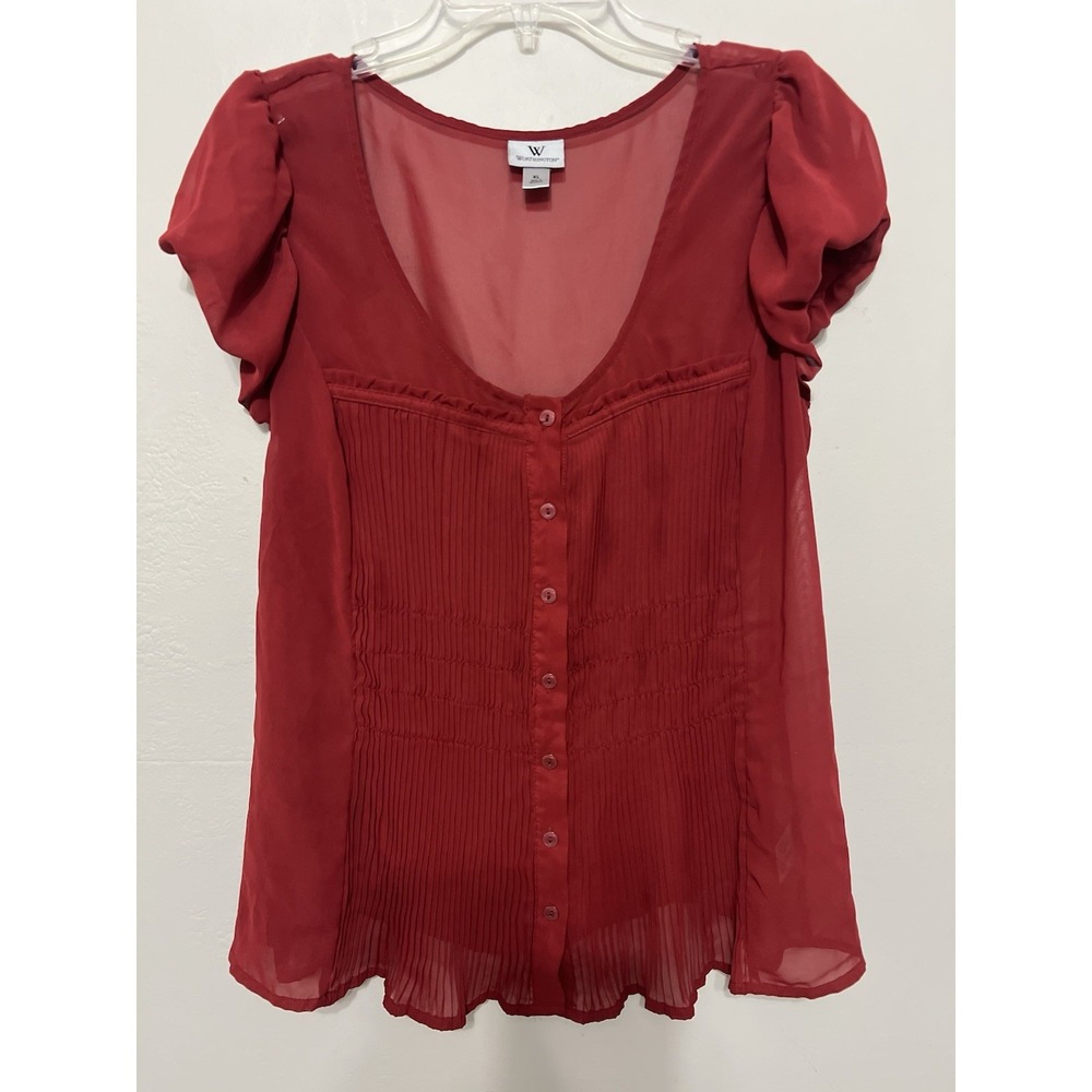 Worthington‎ Red Sheer Pleated Smocked Button Front Flutter Sleeve Blouse XL